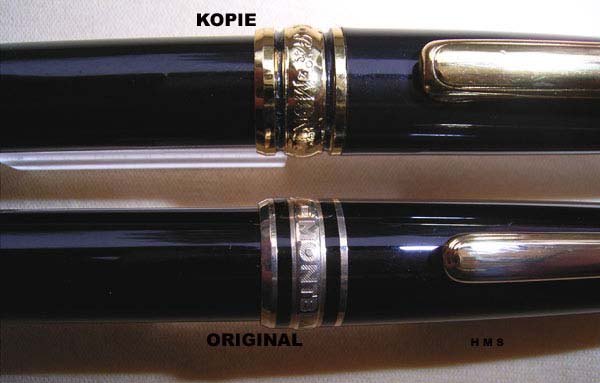 Kopie und Original im Vergleich: abweichender Goldton des Kappenrings und eckiges Clipende bei der Kopie