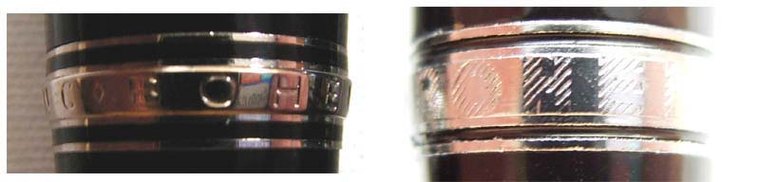 Der Ring mit dem Bohème-Schriftzug: bei der Kopie schraffiert und der mittlere Ring breiter